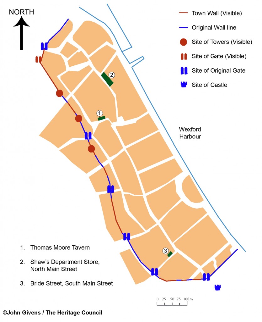Map of Wexford Town showing the Medieval house sites 